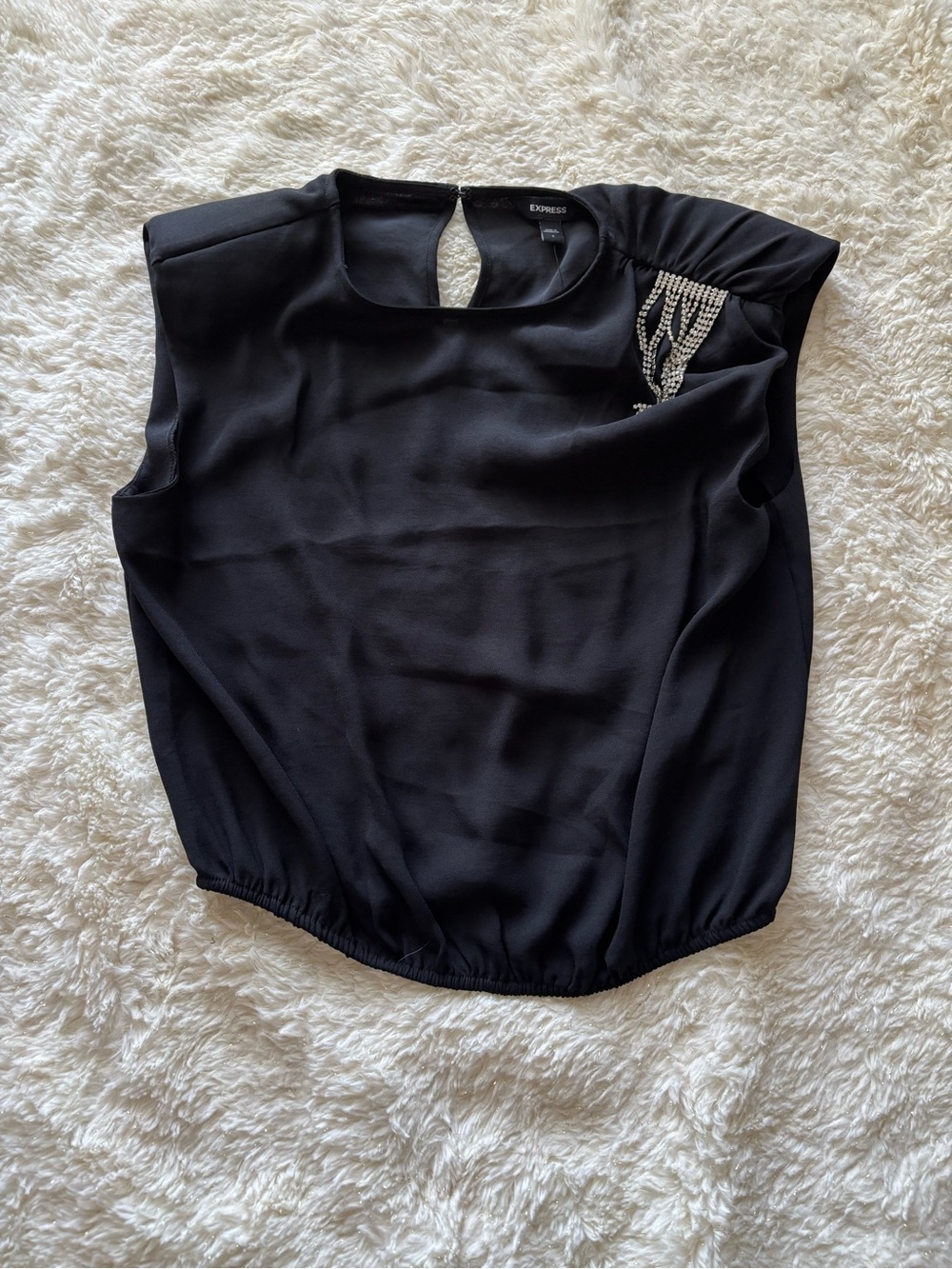 Express Black Sleeveless Blouse with Beaded Shoulder Accent